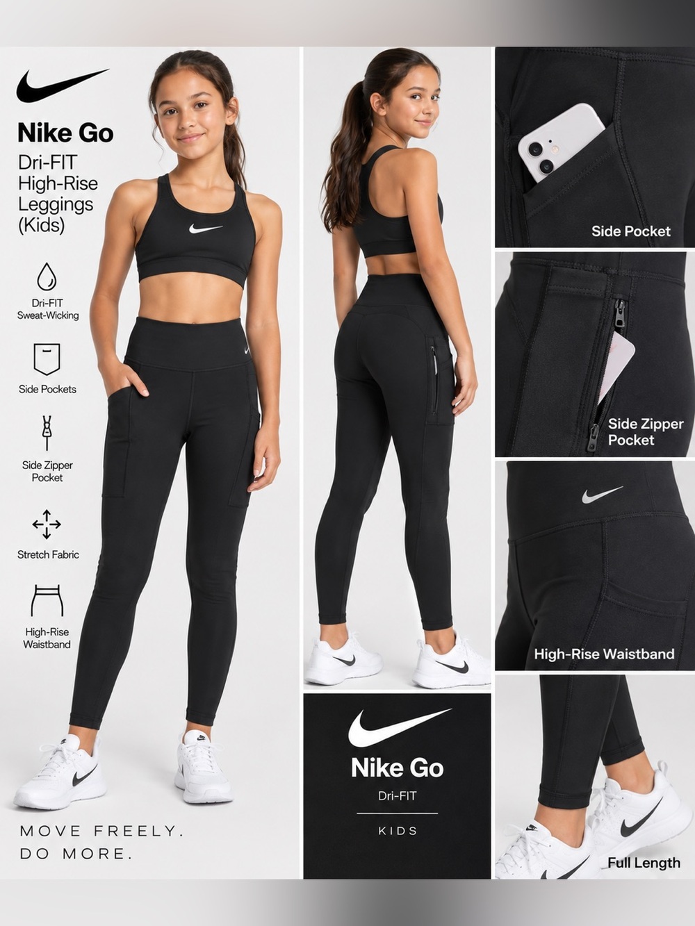 Nike Black Girls' Leggings with Side Pockets and Swoosh
